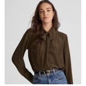 Madewell Blouse Womens XXS Olive Green Tie Neck Long Sleeve Office Button NW993